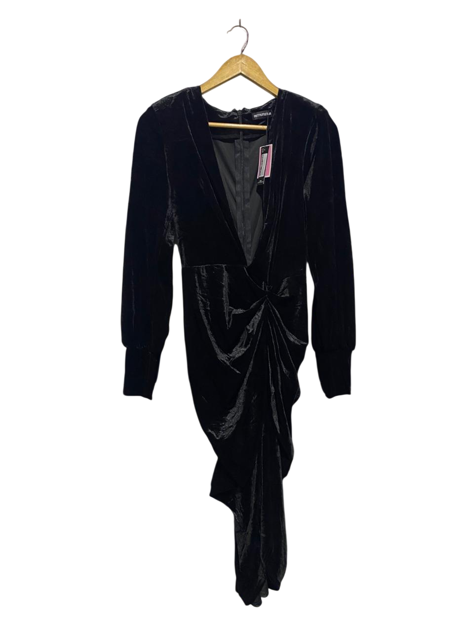 PRETTYLITTLETHING |M| BUST 17| BLACK VELVET DEEP V-NECK RUCHED MAXI DRESS |B1|