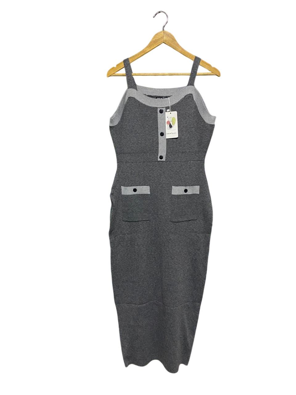 SHEIN |L| BUST 17| GREY KNIT SLEEVELESS MIDI DRESS WITH CONTRAST TRIM AND POCKETS |B1|
