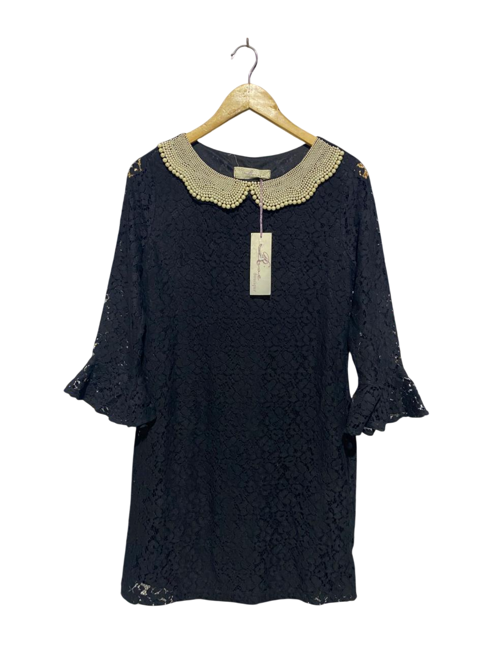 RISE |L| BUST 19| BLACK LACE 3/4 SLEEVE MINI DRESS WITH BEADED PEARL PETER PAN COLLAR |B1|