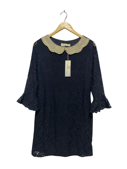 RISE |L| BUST 19| BLACK LACE 3/4 SLEEVE MINI DRESS WITH BEADED PEARL PETER PAN COLLAR |B1|