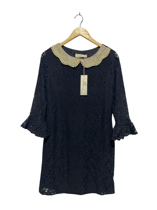 RISE |L| BUST 19| BLACK LACE 3/4 SLEEVE MINI DRESS WITH BEADED PEARL PETER PAN COLLAR |B1|