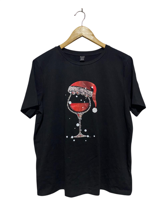 SHEIN |XL| BUST 21| BLACK SHORT SLEEVE CHRISTMAS WINE GLASS GRAPHIC T-SHIRT |B1|