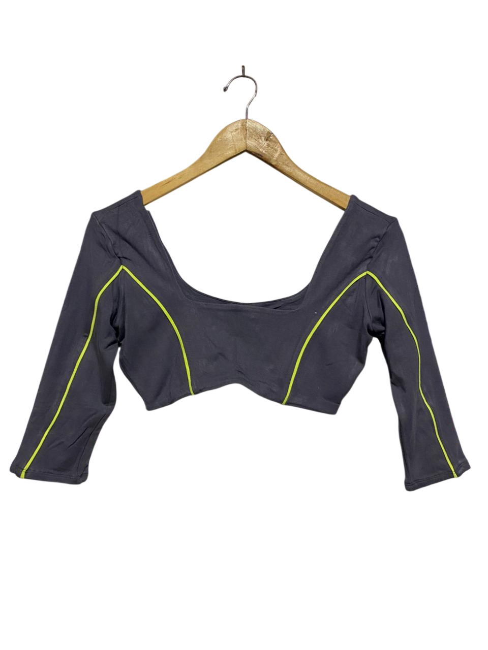 OH POLLY |M| BUST 15| CHARCOAL GREY SCOOP NECK CROP TOP WITH NEON LIME CONTRAST PIPING |B1|