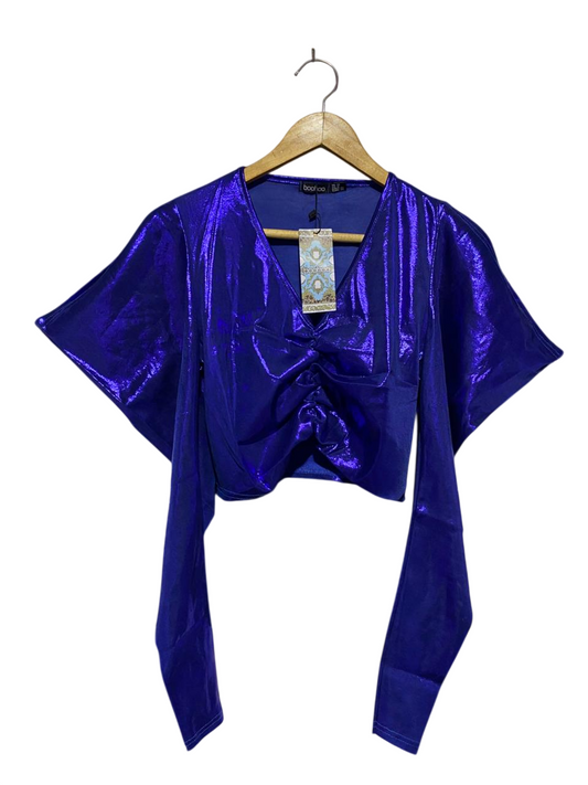 BOOHOO |M| BUST 16| METALLIC ELECTRIC PURPLE RUFFLE FRONT CROP TOP |B1|