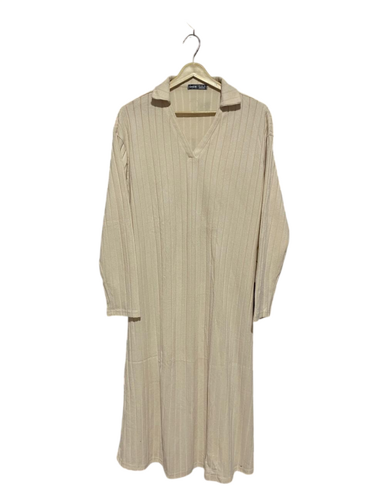 SHEIN |S| BUST 19| BEIGE RIBBED V-NECK COLLARED MAXI DRESS |B1|