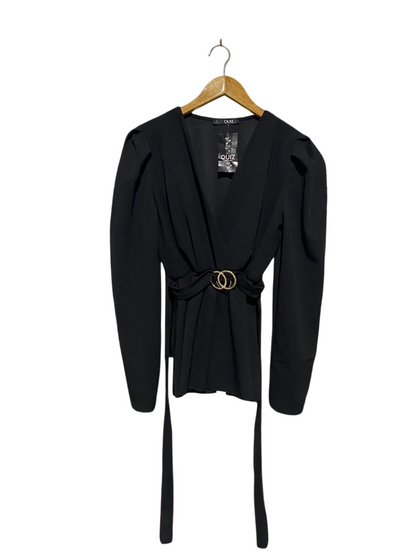QUIZ |L| BUST 16| BLACK PUFF SLEEVE V-NECK BLOUSE WITH GOLD RING BELT| B1