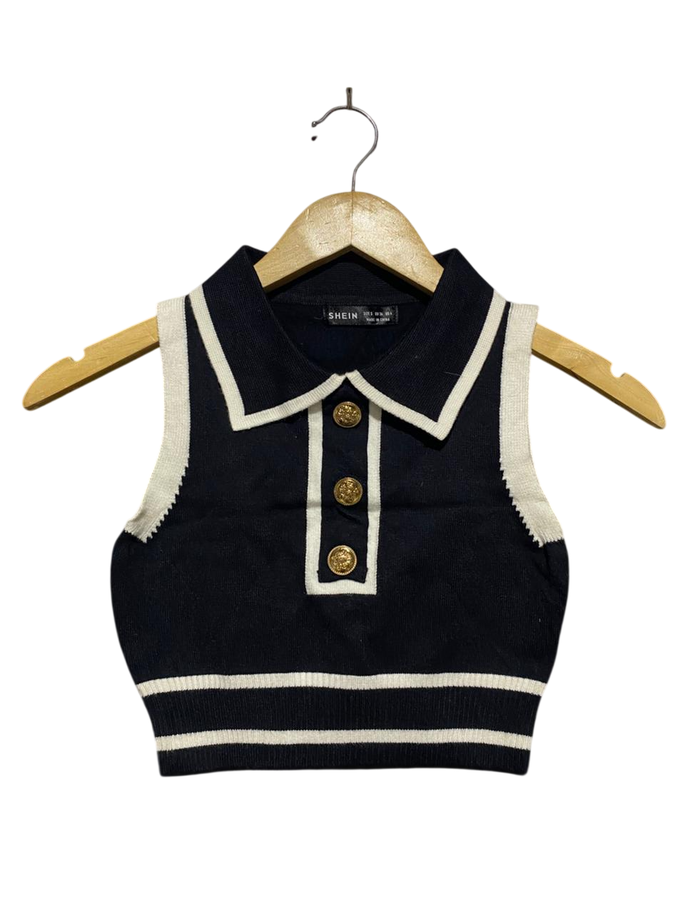 SHEIN |S| BUST 13| NAVY BLUE KNIT POLO VEST WHITE CONTRAST TRIM WITH GOLD BUTTONS |B1|