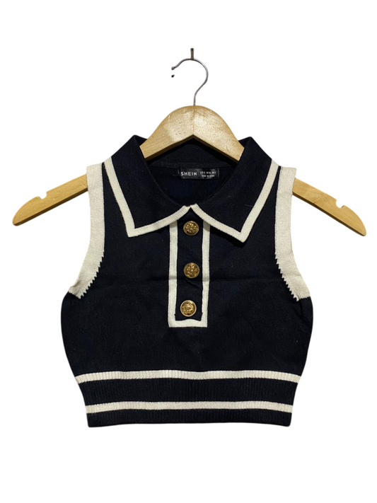 SHEIN |S| BUST 13| NAVY BLUE KNIT POLO VEST WHITE CONTRAST TRIM WITH GOLD BUTTONS |B1|