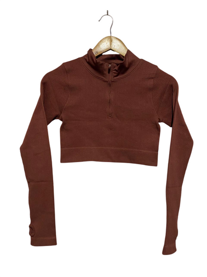 |M| BUST 14| RUST BROWN SEAMLESS QUARTER-ZIP CROP TOP |B1|