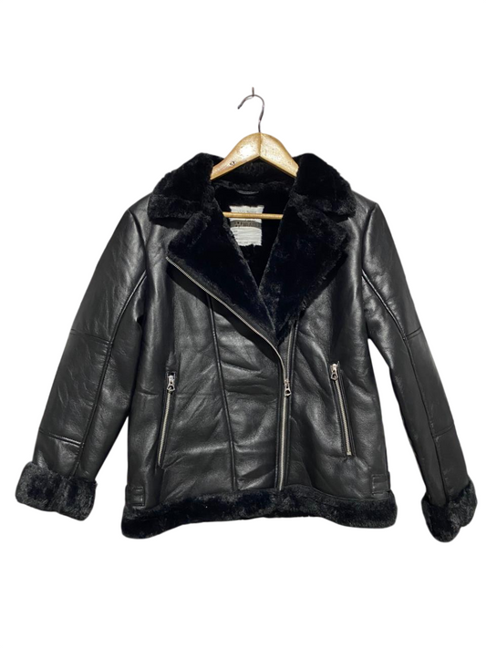 NUTMEG |L| BUST 20| BLACK FAUX LEATHER SHEARLING BIKER JACKET |B1|