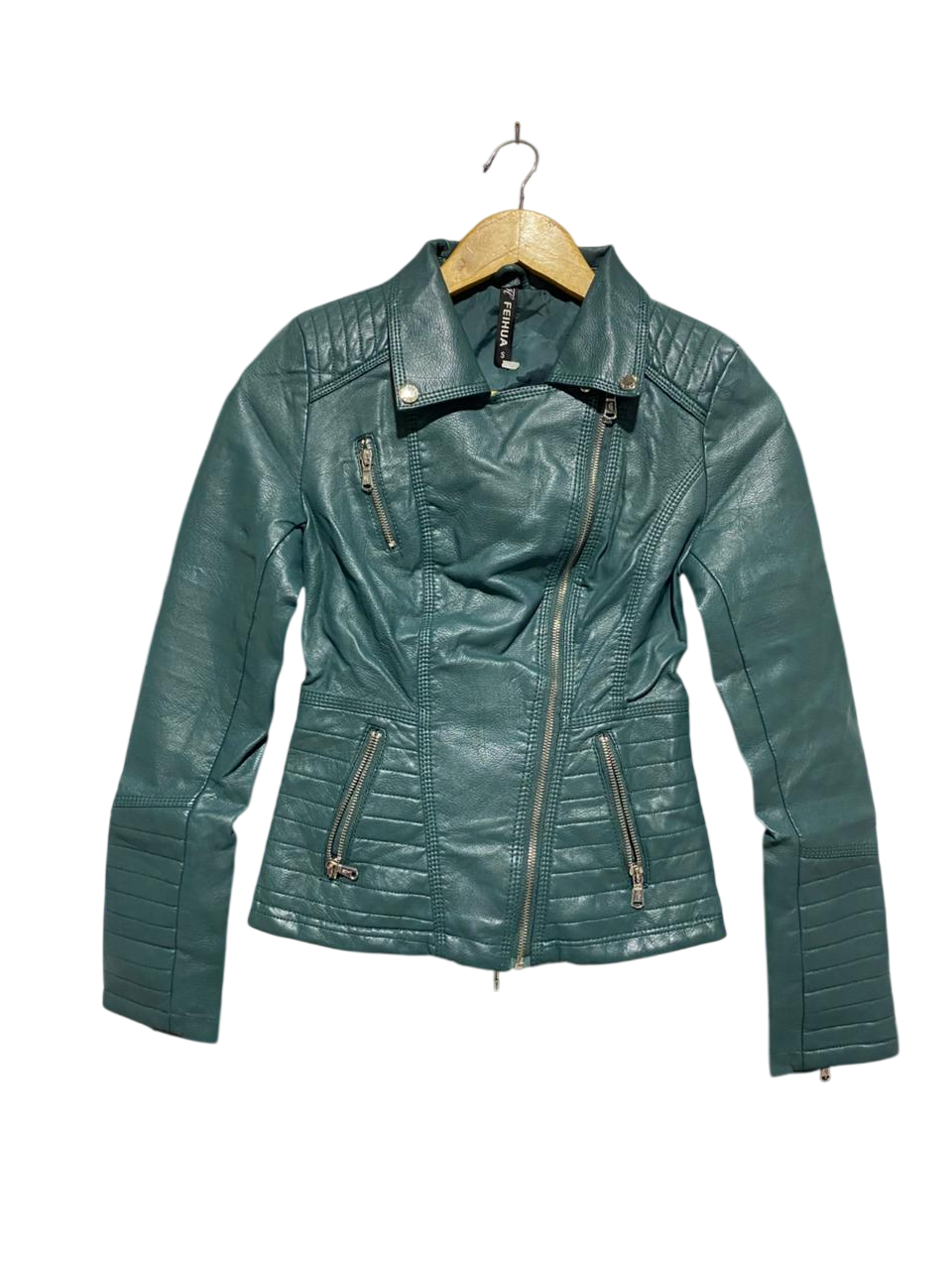 FEIHUA |S| BUST 15| FEIHUA TEAL BLUE FAUX LEATHER MOTO JACKET |B1|