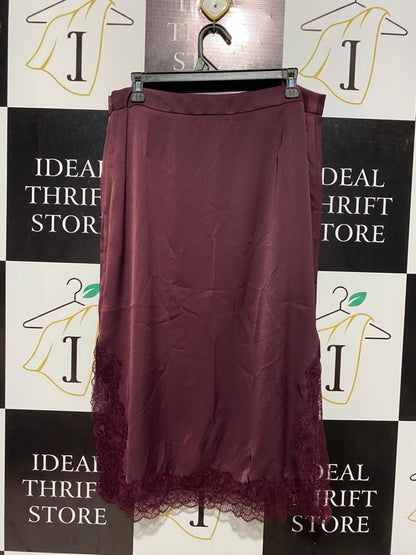 M&S |L|WAIST 34| BURGUNDY SATIN LACE-TRIM MIDI SKIRT