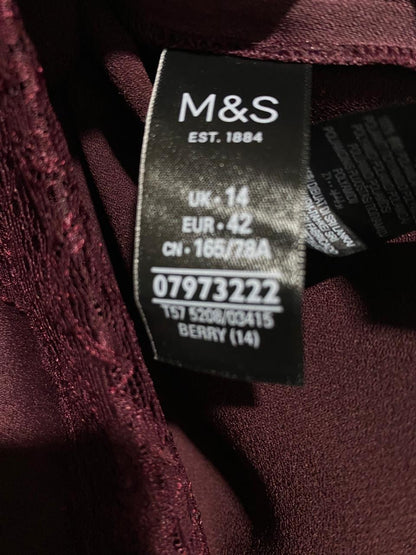 M&S |L|WAIST 34| BURGUNDY SATIN LACE-TRIM MIDI SKIRT
