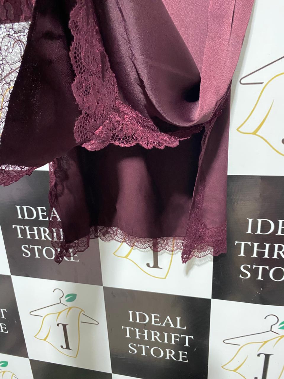 M&S |L|WAIST 34| BURGUNDY SATIN LACE-TRIM MIDI SKIRT