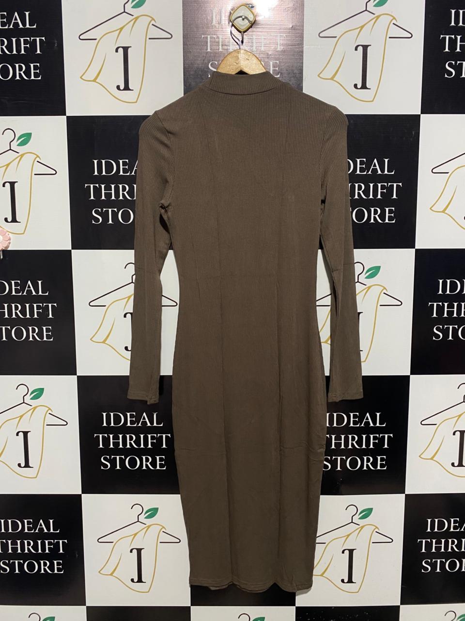 SHEIN |L| BUST 15| TAUPE RIBBED KNIT LONG SLEEVE MOCK NECK BODYCON MIDI DRESS |B1|