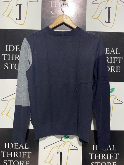 ARMANI EXCHANGE |M| BUST 19| NAVY AND GREY GEOMETRIC COLORBLOCK LONG SLEEVE KNIT SWEATER |B1|