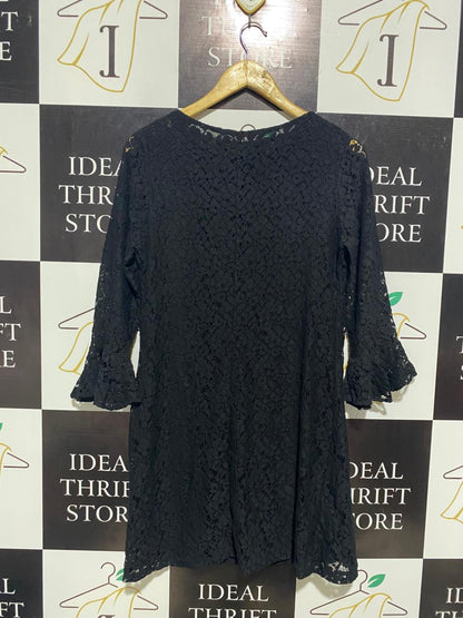 RISE |L| BUST 19| BLACK LACE 3/4 SLEEVE MINI DRESS WITH BEADED PEARL PETER PAN COLLAR |B1|