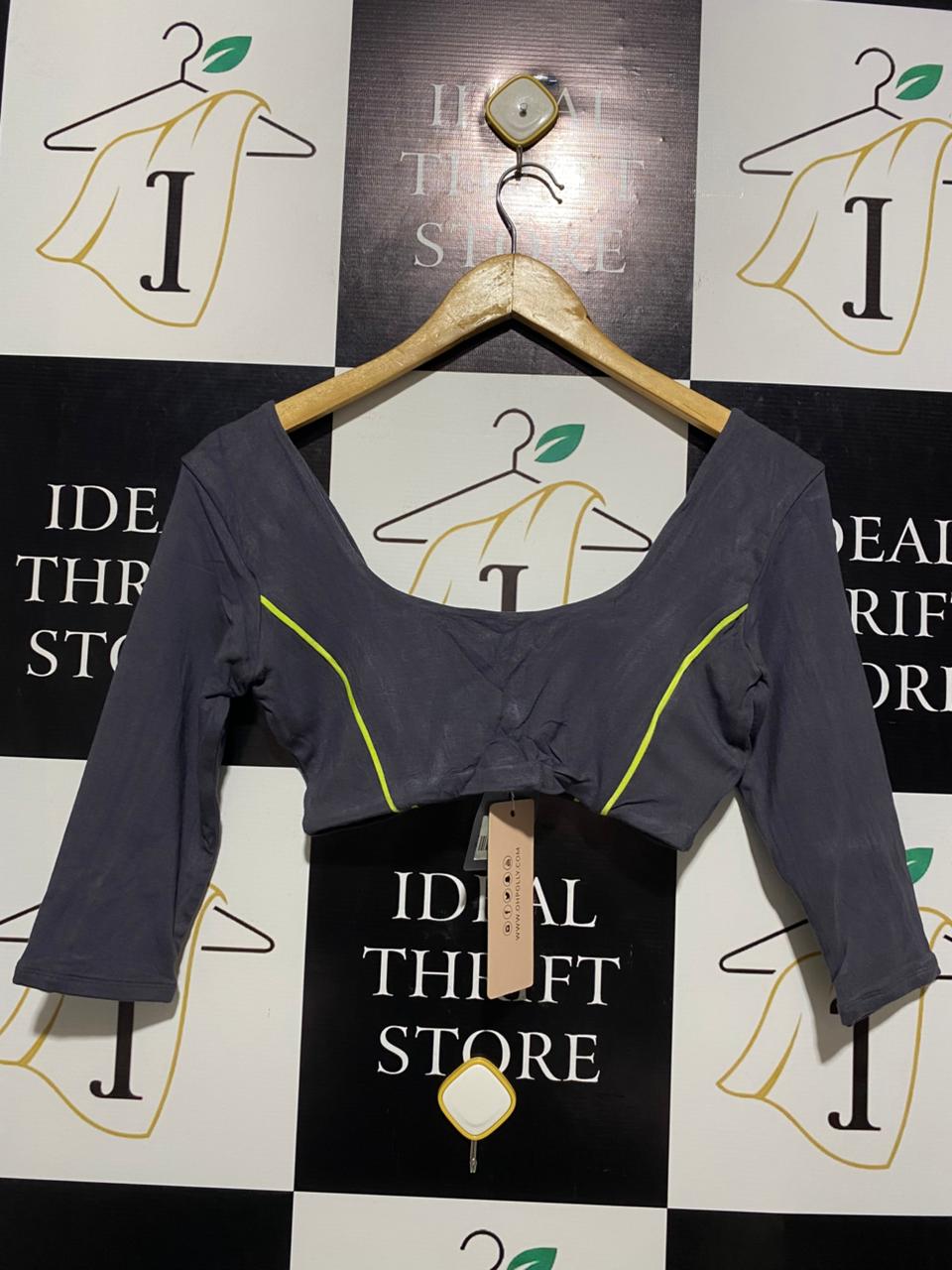 OH POLLY |M| BUST 15| CHARCOAL GREY SCOOP NECK CROP TOP WITH NEON LIME CONTRAST PIPING |B1|