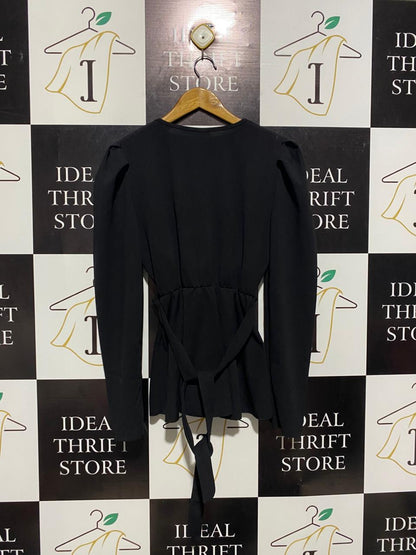 QUIZ |L| BUST 16| BLACK PUFF SLEEVE V-NECK BLOUSE WITH GOLD RING BELT| B1