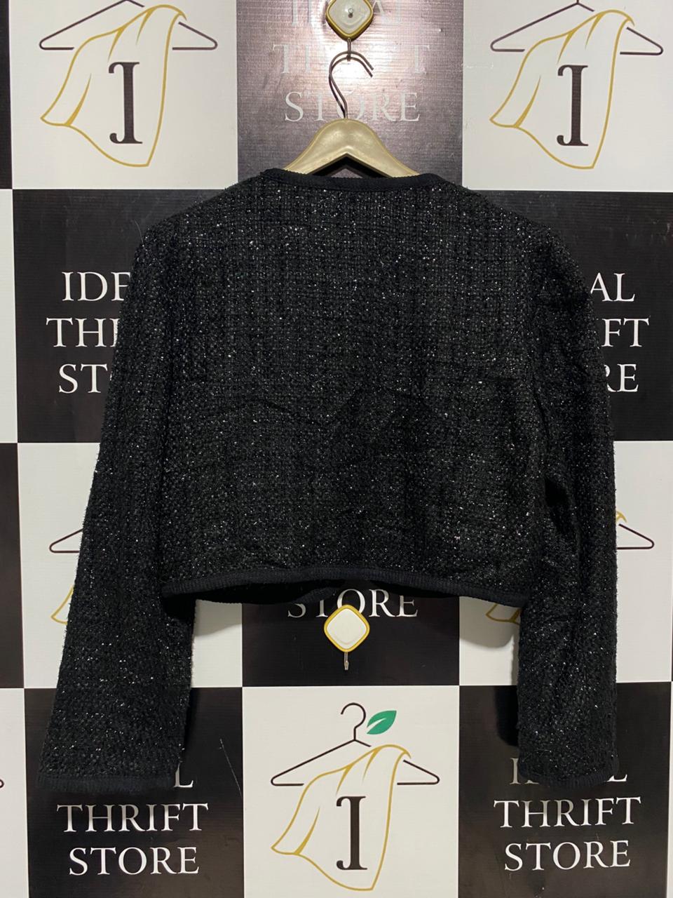 LUSTRE |L| BUST 20| BLACK SHIMMER TWEED CROP JACKET - ELEGANT BOW DETAIL EVENING COAT |B1|