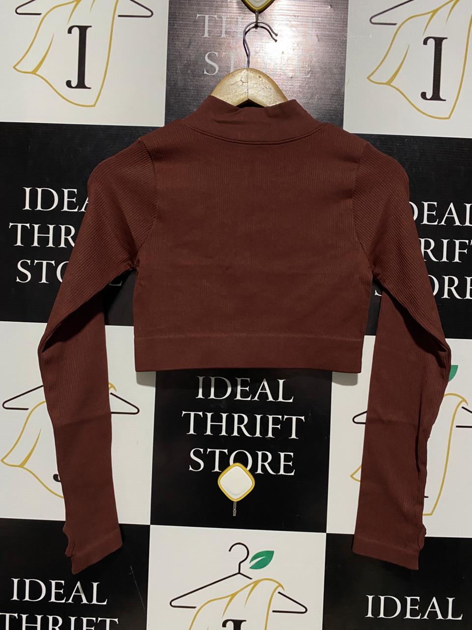 |M| BUST 14| RUST BROWN SEAMLESS QUARTER-ZIP CROP TOP |B1|