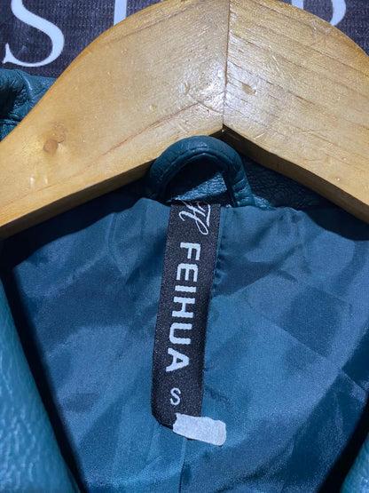 FEIHUA |S| BUST 15| FEIHUA TEAL BLUE FAUX LEATHER MOTO JACKET |B1|