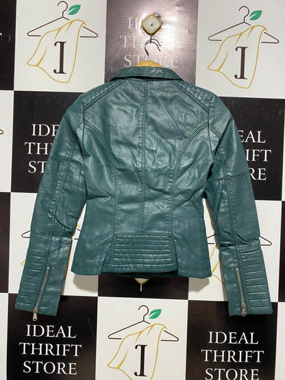 FEIHUA |S| BUST 15| FEIHUA TEAL BLUE FAUX LEATHER MOTO JACKET |B1|