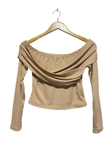 YOZY |L| BUST 15| B1| TAN OFF-SHOULDER CROSS-WRAP TOP