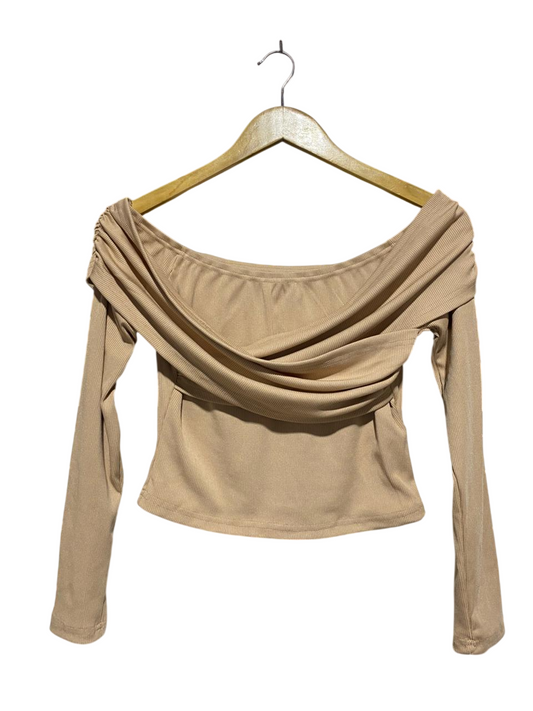 YOZY |L| BUST 15| B1| TAN OFF-SHOULDER CROSS-WRAP TOP