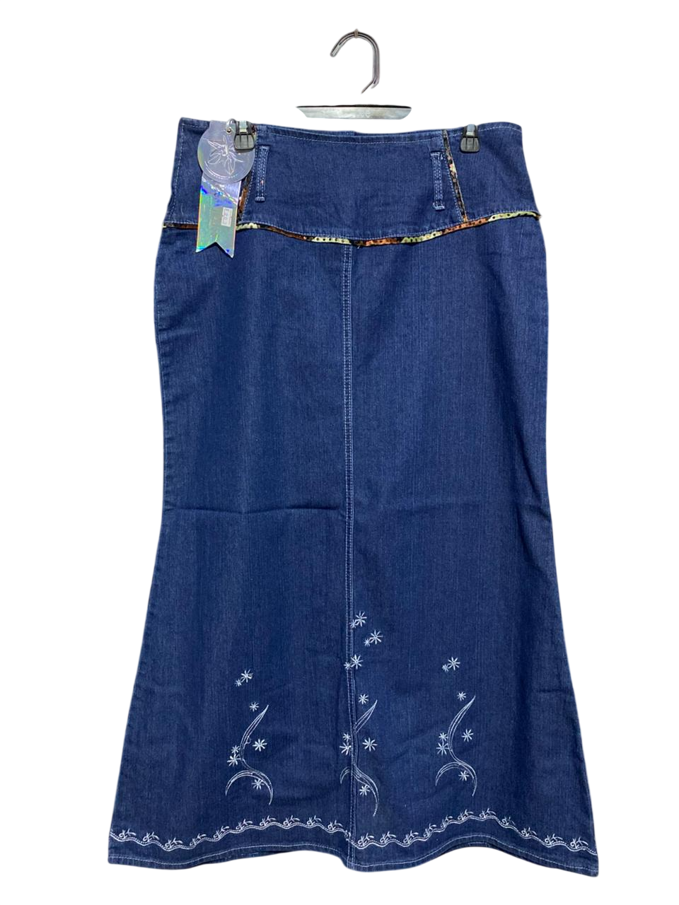 MISS VIRKISS |XL| WAIST 34| B1| BLUE DENIM MIDI SKIRT EMBROIDERED DETAIL