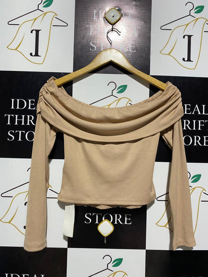 YOZY |L| BUST 15| B1| TAN OFF-SHOULDER CROSS-WRAP TOP
