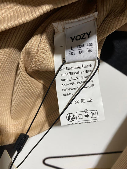 YOZY |L| BUST 15| B1| TAN OFF-SHOULDER CROSS-WRAP TOP