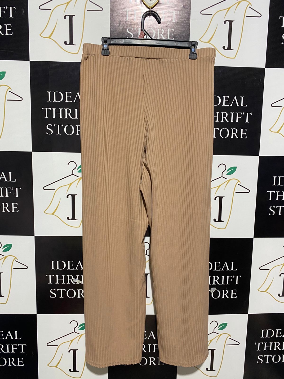 PRIMARK |XL| WAIST 34| B1| TAN RIBBED HIGH-WAISTED BELTED TROUSERS