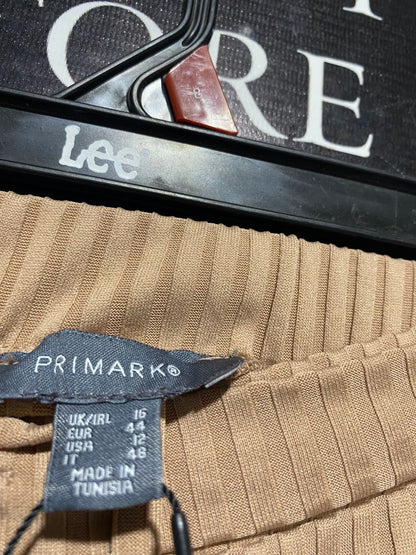 PRIMARK |XL| WAIST 34| B1| TAN RIBBED HIGH-WAISTED BELTED TROUSERS