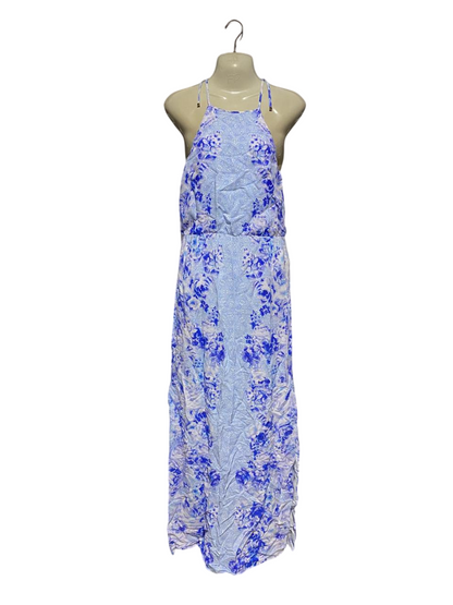 FOREVER NEW |L| BUST 18| B1| WOMEN'S LIGHT BLUE AND PURPLE FLORAL PRINT HALTER MAXI DRESS