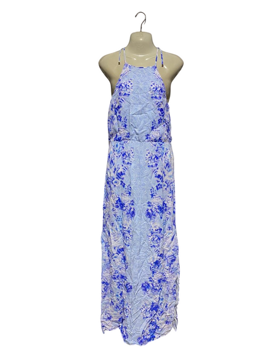 FOREVER NEW |L| BUST 18| B1| WOMEN'S LIGHT BLUE AND PURPLE FLORAL PRINT HALTER MAXI DRESS