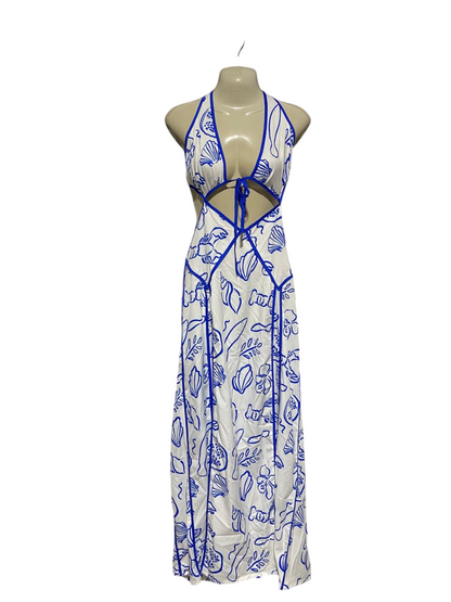 CHERLEY |L| BUST 20| B1| WOMEN'S WHITE AND BLUE MEDITERRANEAN COASTAL PRINT CUT-OUT MAXI DRESS