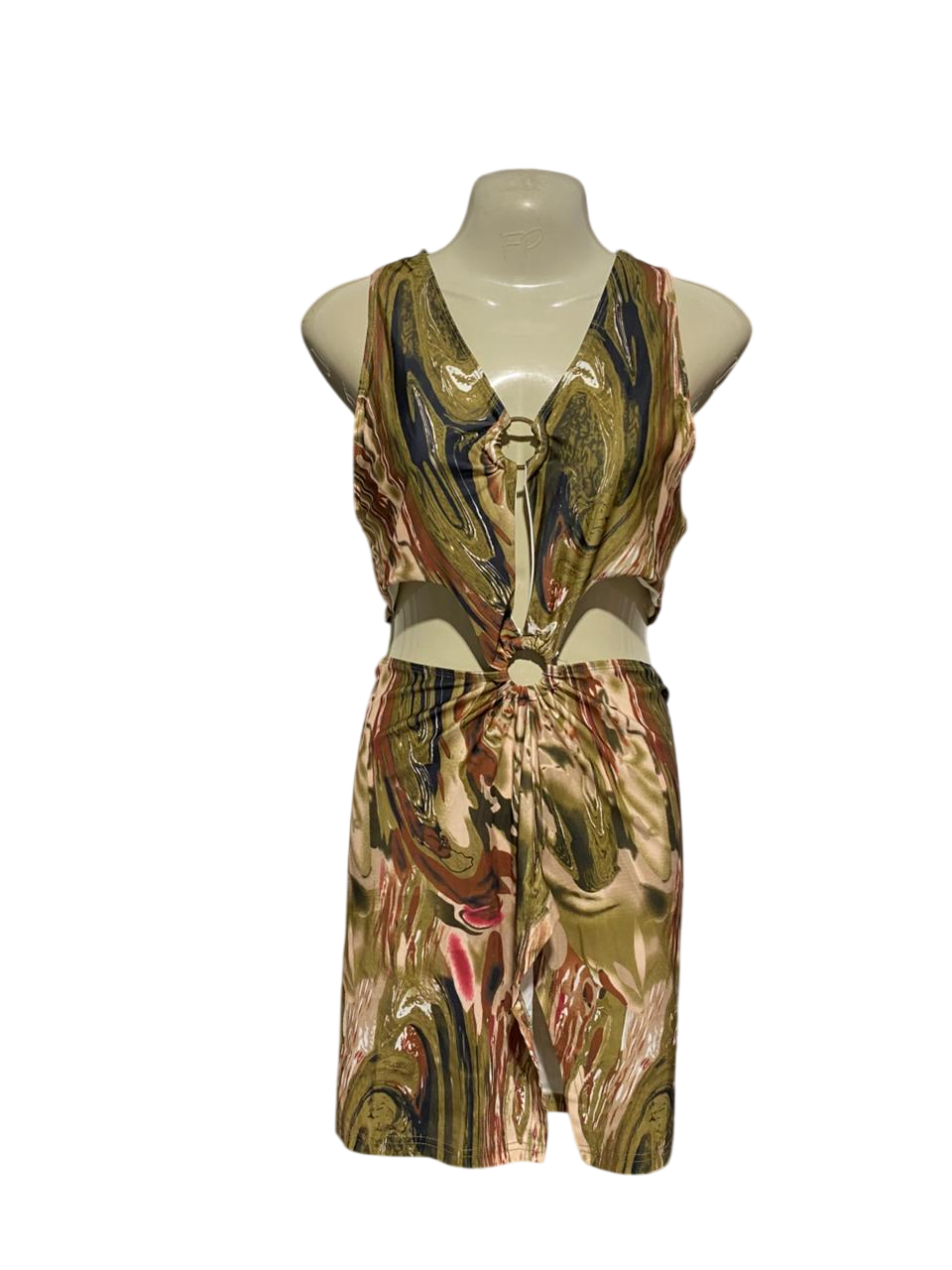 WOMEN'S ABSTRACT MARBLE PRINT CUT-OUT MINI DRESS WITH O-RING DETAIL |M|B1|