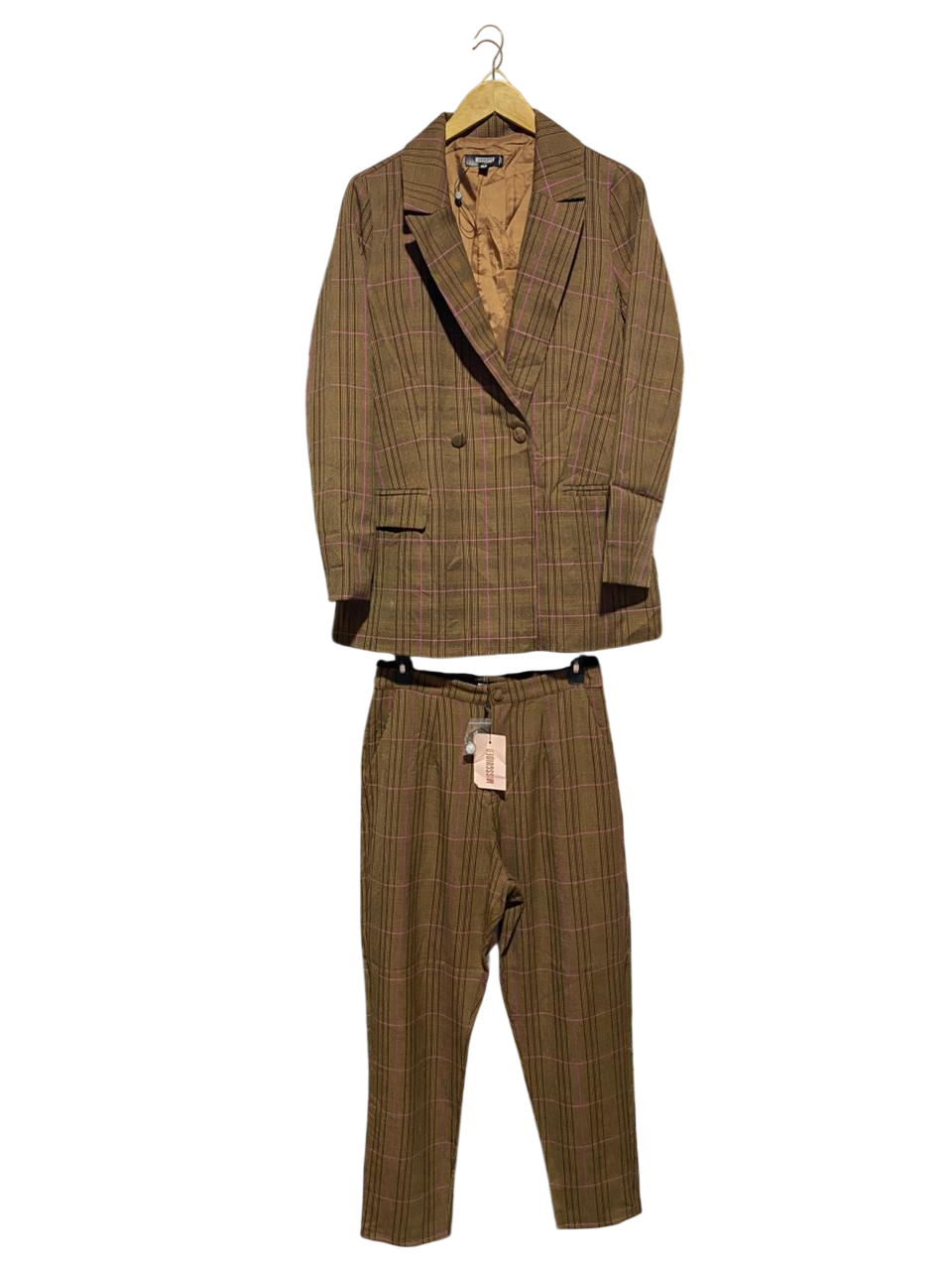 MIIS GUIDED |M| B2| WOMEN’S BROWN CHECKED DOUBLE-BREASTED BLAZER AND TROUSER SUIT SET