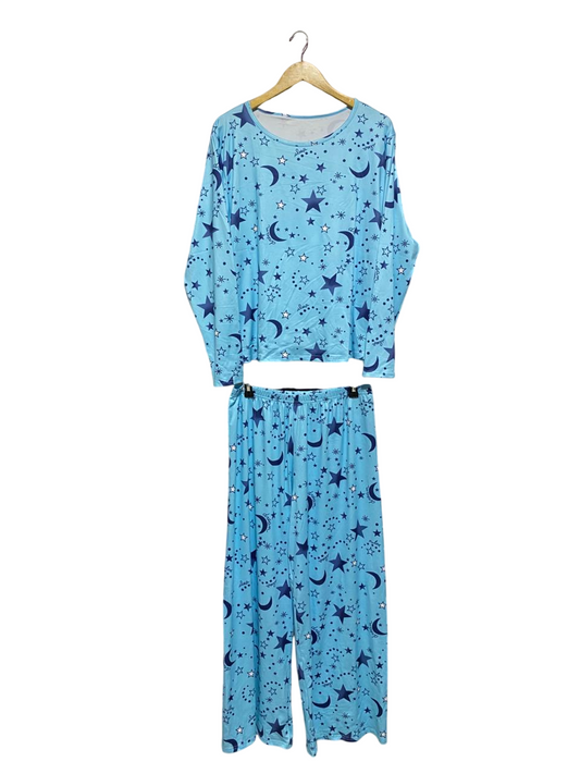WOMEN'S LIGHT BLUE CELESTIAL MOON AND STAR PRINT PYJAMA SET |XL| B2|