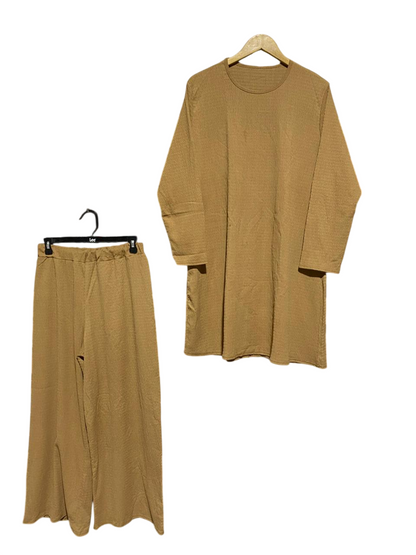 CHIC BEIGE TEXTURED TUNIC AND WIDE-LEG TROUSER SET |M| B2|