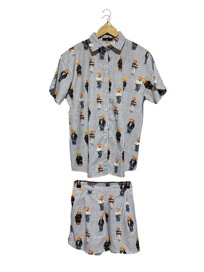 PLAYFUL STRIPED POLO BEAR PRINT SHIRT AND SHORTS SET |M| B2|