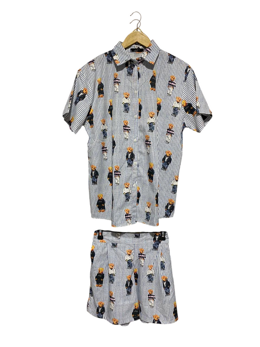 PLAYFUL STRIPED POLO BEAR PRINT SHIRT AND SHORTS SET |M| B2|