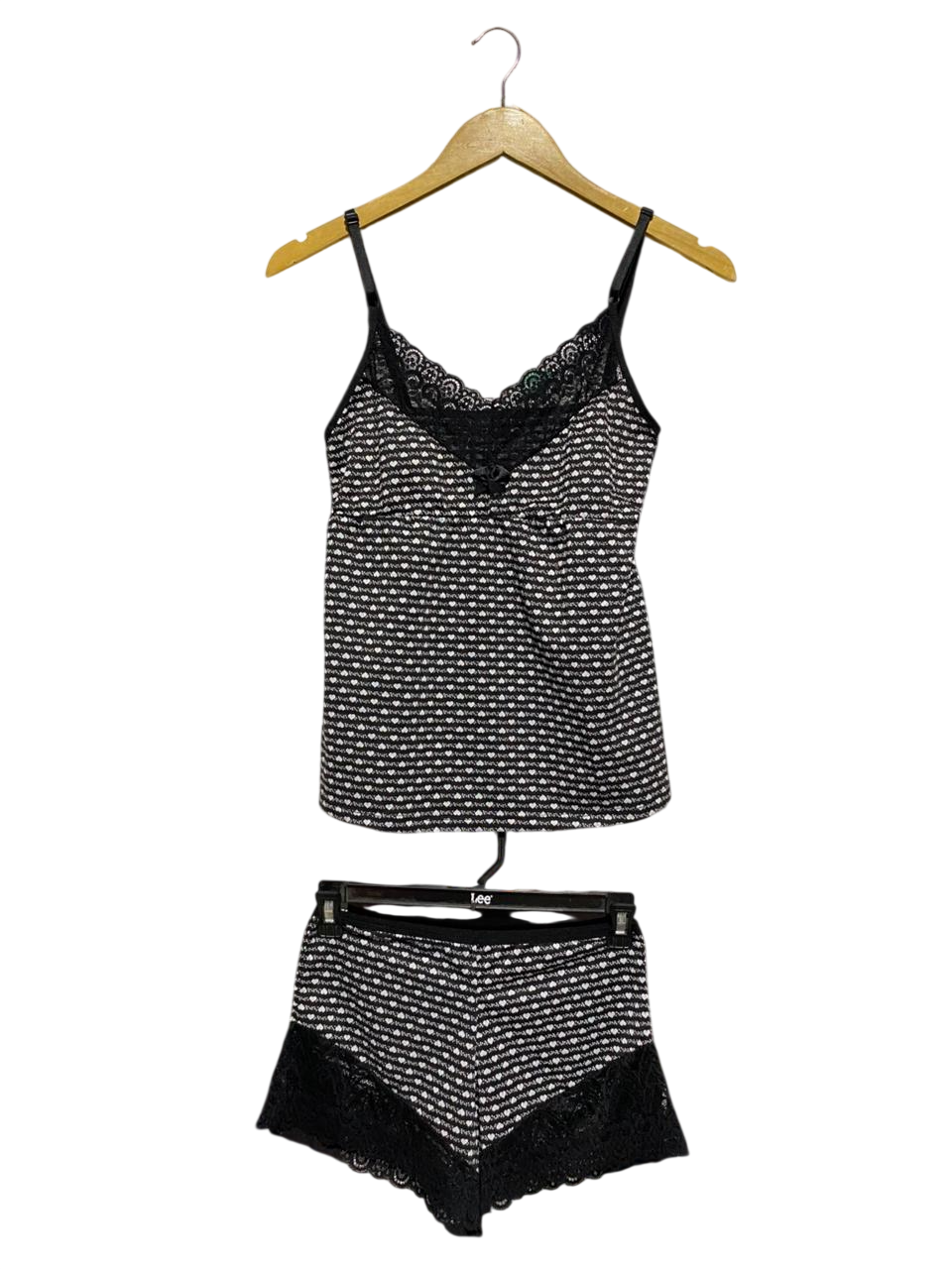 BLACK AND WHITE HEART PRINT LACE-TRIMMED CAMI LOUNGE SET |S| B2|