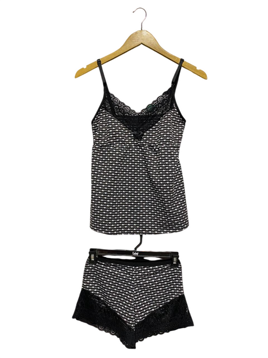 BLACK AND WHITE HEART PRINT LACE-TRIMMED CAMI LOUNGE SET |S| B2|
