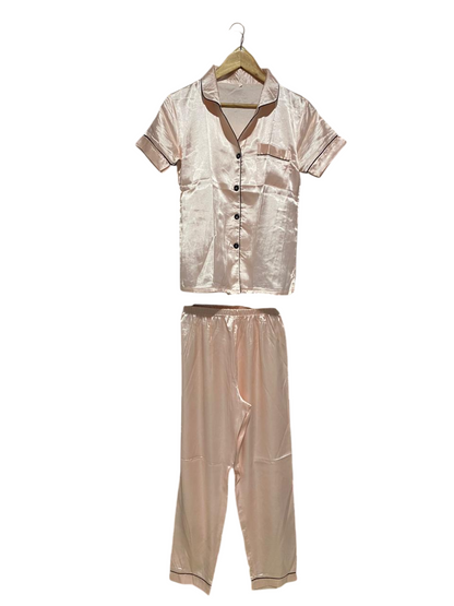 |S| B2| ROSE GOLD SILKY SATIN SHORT-SLEEVE PYJAMA PANTS SET