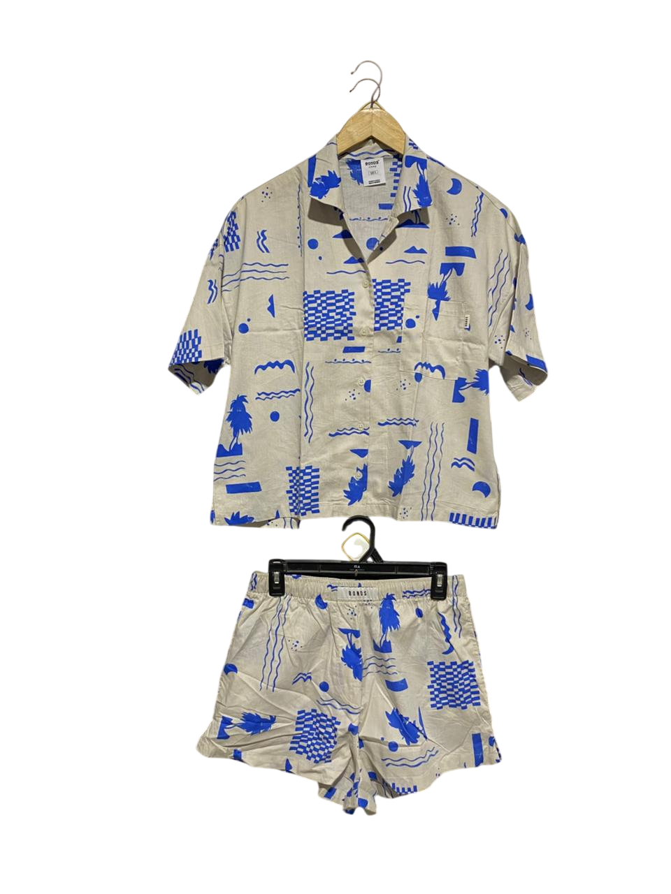 BONDS |S| B2| COBALT GEOMETRIC & PALM PRINT RELAXED SHORT SET