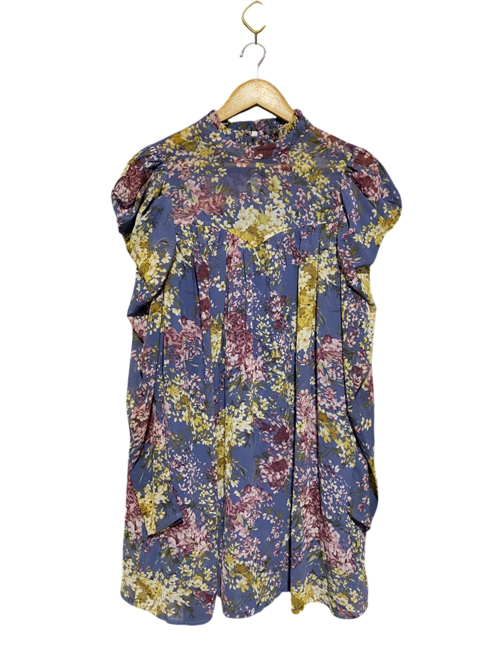 SHEIN |M| BUST 18| B2| DUSTY BLUE ROMANTIC FLORAL RUFFLE SHOULDER MINI DRESS