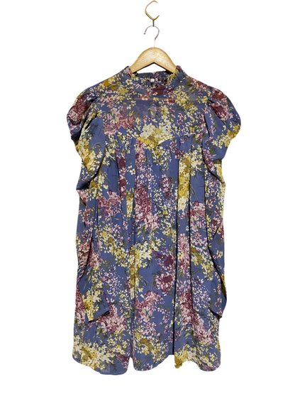 SHEIN |M| BUST 18| B2| DUSTY BLUE ROMANTIC FLORAL RUFFLE SHOULDER MINI DRESS