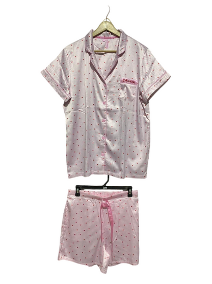 CACHIA |L| B2| PINK STRIPE AND MINI HEART PRINT LUXE SLEEPWEAR SET